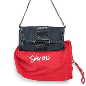 Guess Shoulder Bag Black Croc Embossed Chain Strap Purse with Dust Bag